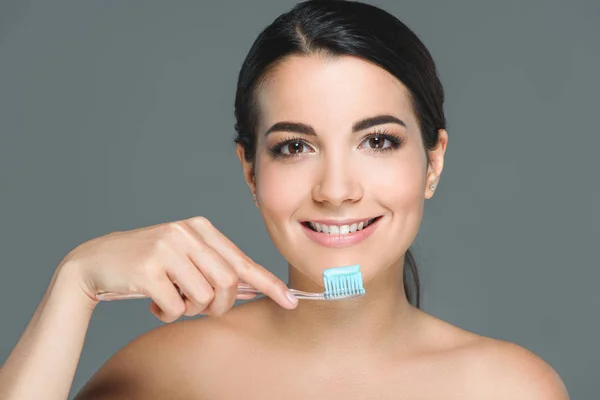 Portrait Smiling Woman Holding Tooth Brush Tooth Paste Isolated Grey — Stock Photo, Image