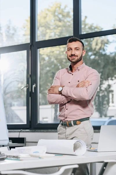 Smiling Handsome Businessman Standing Crossed Arms Looking Camera Office — Stock Photo, Image