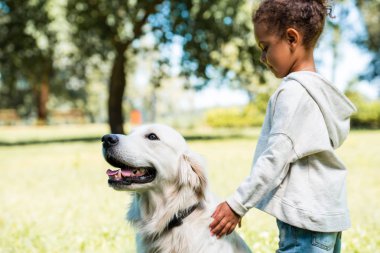 yan görünümü çok güzel Afro-Amerikan çocuk Retriever Park altın palming