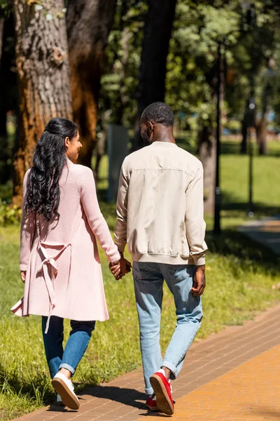 Achteraanzicht Van Afro Amerikaanse Paar Houdend Handen Wandelen Het Park — Stockfoto