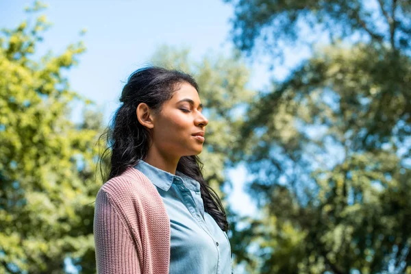 Seitenansicht Der Attraktiven Afroamerikanerin Die Mit Geschlossenen Augen Park Steht — Stockfoto