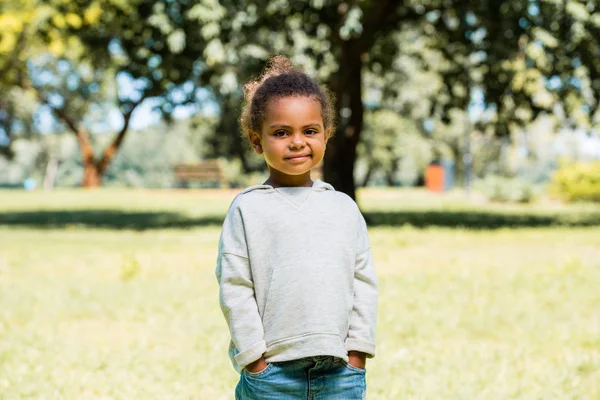 adorable african american kid in jeans and sweater looking at camera in park