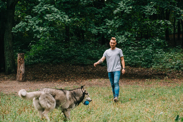 man playing ball with friendly husky dog in park
