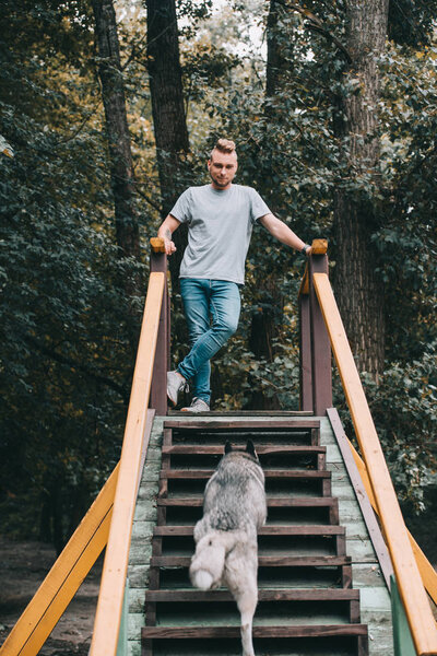 young man with siberian husky dog on stairs in park