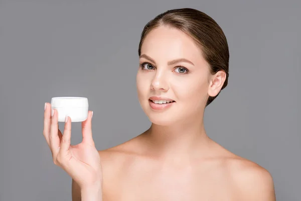 Portrait Beautiful Young Woman Holding Face Cream Isolated Grey — Stock Photo, Image