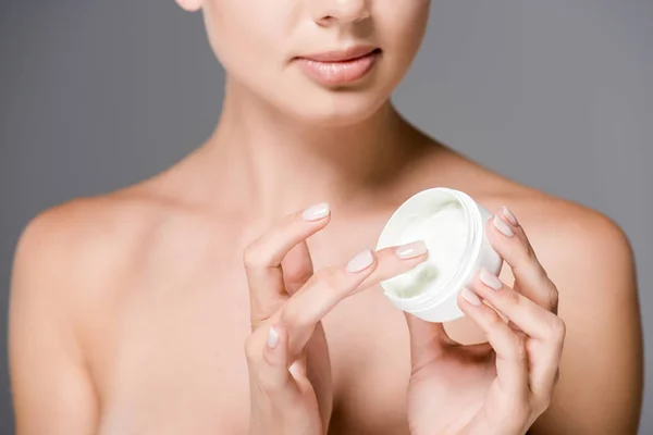 Visión Parcial Mujer Con Crema Facial Aislada Gris —  Fotos de Stock