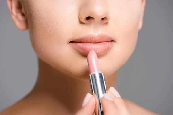 Partial View Woman Applying Nude Lipstick Isolated Grey — Stock Photo, Image