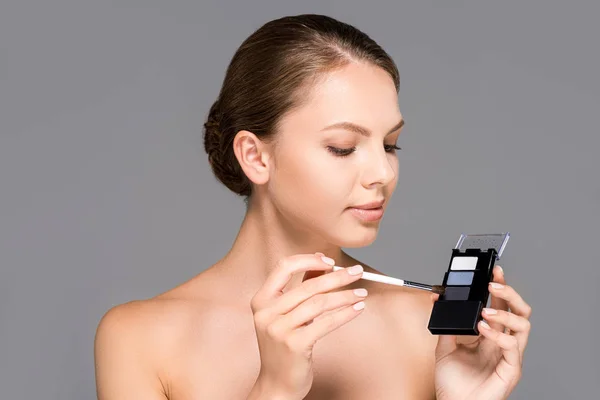 Portrait Woman Eyeshadows Makeup Brush Isolated Grey — Stock Photo, Image