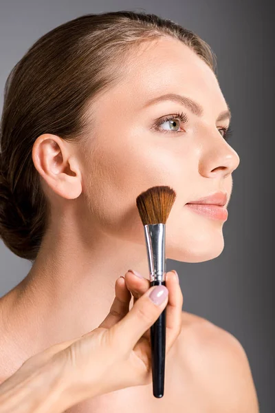 Partial View Makeup Artist Applying Blush Models Face Isolated Grey — Stock Photo, Image