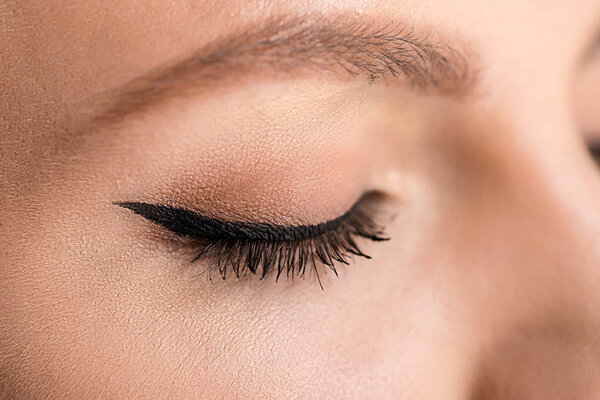partial view of woman with black eyeliner on eyelid