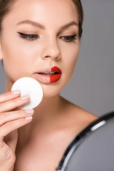 Portrait Young Woman Red Lipstick Half Lips Sponge Looking Mirror — Stock Photo, Image