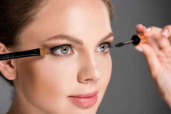 Portrait Elegant Woman Mascara Makeup Brush Eyeshadows Isolated Grey — Stock Photo, Image