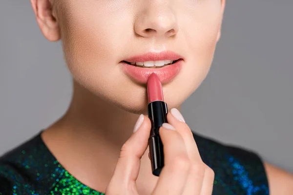 Partial View Woman Applying Lipstick Isolated Grey — Stock Photo, Image