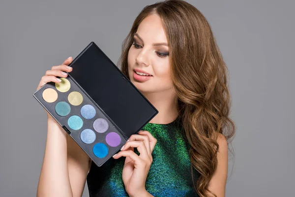 Portrait Smiling Woman Eyeshadows Palette Isolated Grey — Stock Photo, Image