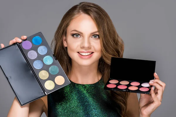 Portrait Smiling Woman Eyeshadows Palettes Isolated Grey — Stock Photo, Image