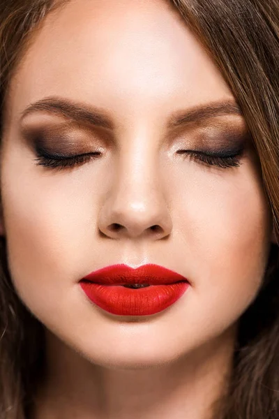 Retrato Mujer Joven Elegante Con Lápiz Labial Rojo Los Labios — Foto de Stock