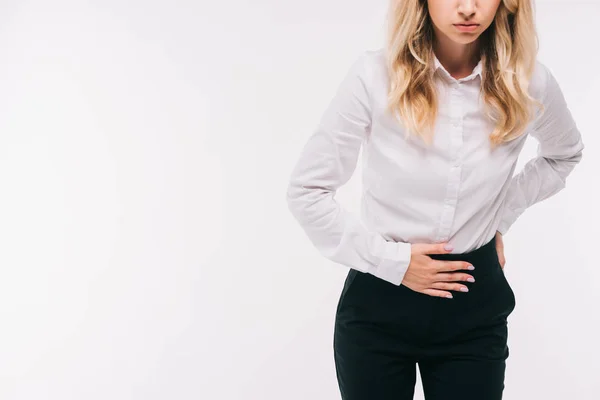 Imagen Recortada Mujer Negocios Que Tiene Dolor Estómago Aislado Blanco —  Fotos de Stock