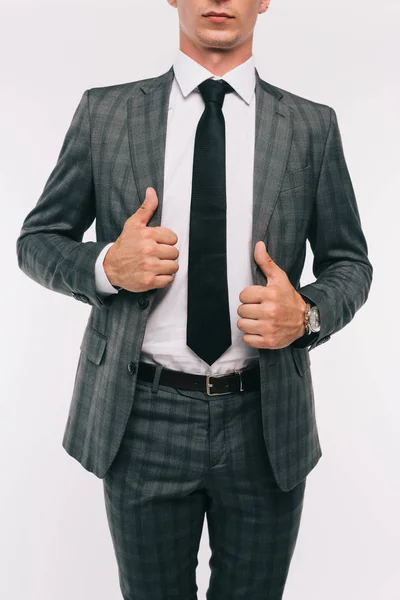 Cropped Image Businessman Touching Grey Jacket Isolated White — Free Stock Photo