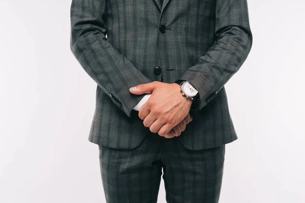 Περικομμένη Εικόνα Του Επιχειρηματία Που Στέκεται Στο Κοστούμι Ρολόι Χεριού — Δωρεάν Φωτογραφία