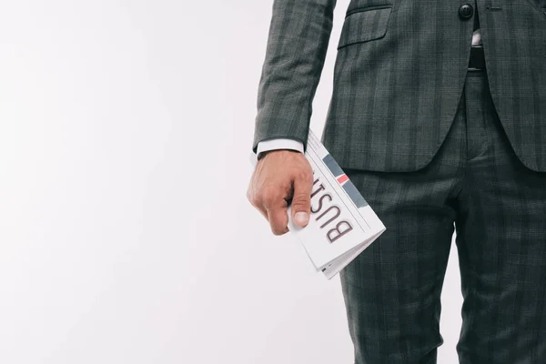 Cropped Image Businessman Holding Business Newspaper Isolated White — Free Stock Photo