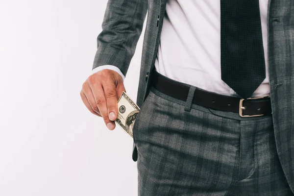 Cropped Image Businessman Taking Dollar Pocket Isolated White — Stock Photo, Image