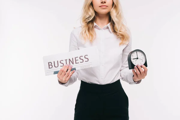 Cropped Image Businesswoman Holding Newspaper Clock Isolated White — Stock Photo, Image