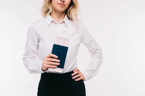 Cropped Image Businesswoman Holding Passport Ticket Isolated White — Free Stock Photo