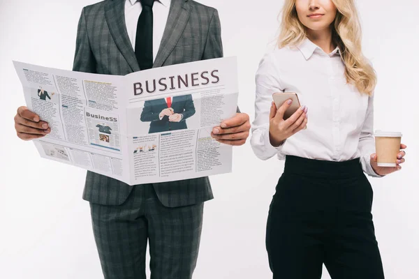 Cropped Image Businesspeople Reading Newspaper Using Smartphone Isolated White — Free Stock Photo