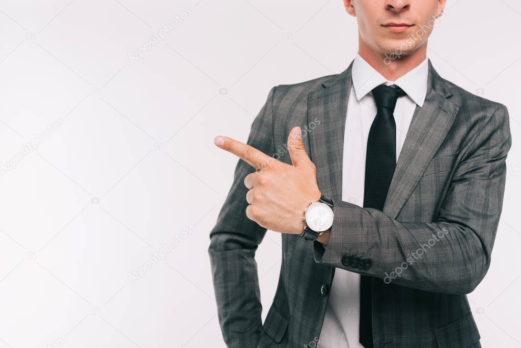 cropped image of businessman pointing on something isolated on white 