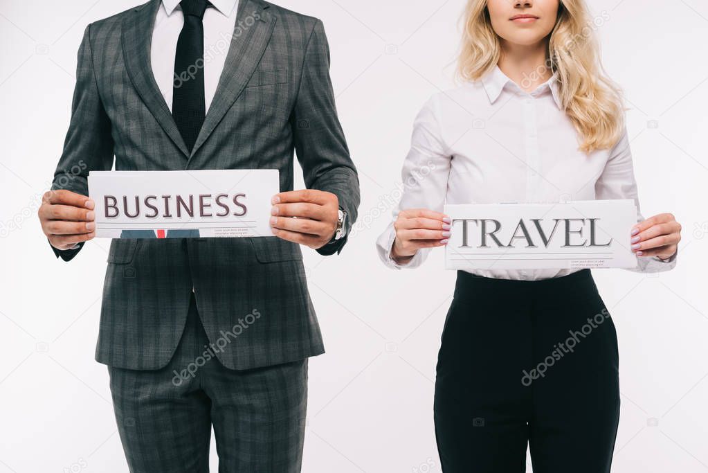 cropped image of businesspeople holding newspapers isolated on white