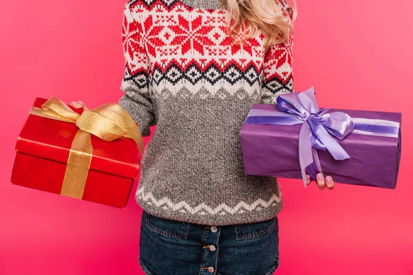Cropped Image Woman Sweater Holding Gift Boxes Isolated Pink — Free Stock Photo