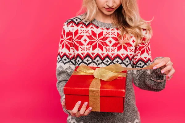 Cropped Image Girl Sweater Opening Present Isolated Pink — Stock Photo, Image