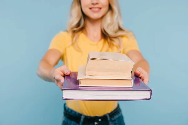 Cropped Image Girl Showing Books Isolated Blue — Stock Photo, Image