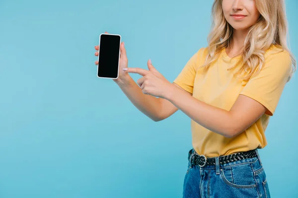 Cropped Image Girl Shirt Shorts Pointing Smartphone Isolated Blue — Stock Photo, Image