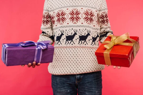 Cropped Image Man Sweater Holding Two Gift Boxes Isolated Pink — Stock Photo, Image