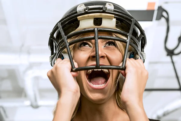 Bottom View Mad Young Woman Screaming Holding American Football Helmet — Stock Photo, Image