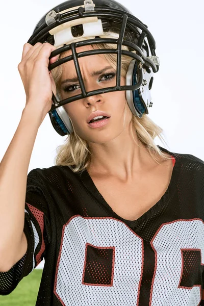 Close Portrait Exhausted Young Woman American Football Uniform Taking Helmet — Free Stock Photo