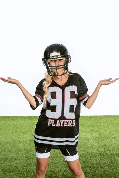 Bewildered Young Woman American Football Equipment Gesturing Isolated White — Free Stock Photo