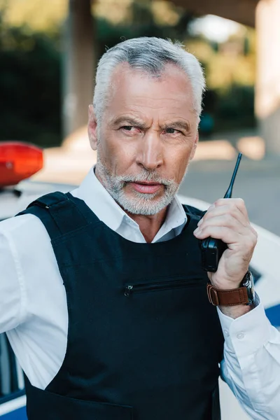 Portrait Serious Middle Aged Policeman Bulletproof Vest Talking Radio Set — Stock Photo, Image