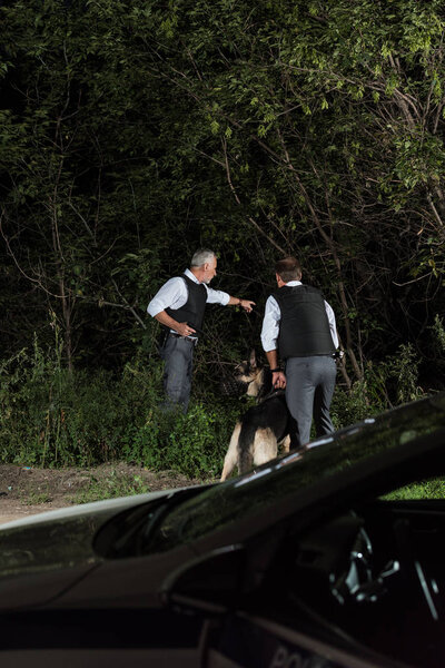 male police officer with gun pointing by finger to colleague with alsatian on leash outdoors 