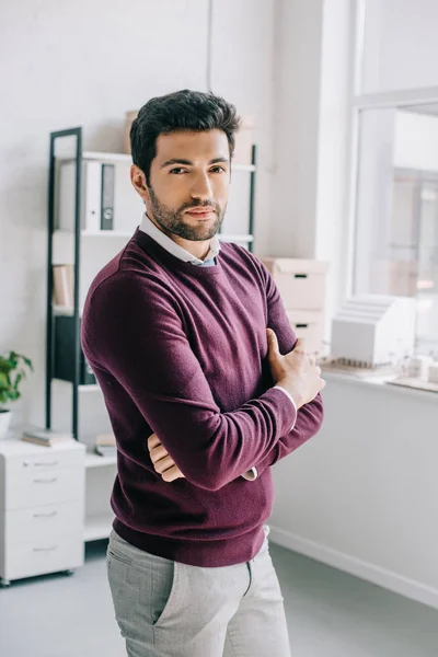 Handsome Designer Burgundy Sweater Standing Crossed Arms Looking Camera Office — Stock Photo, Image