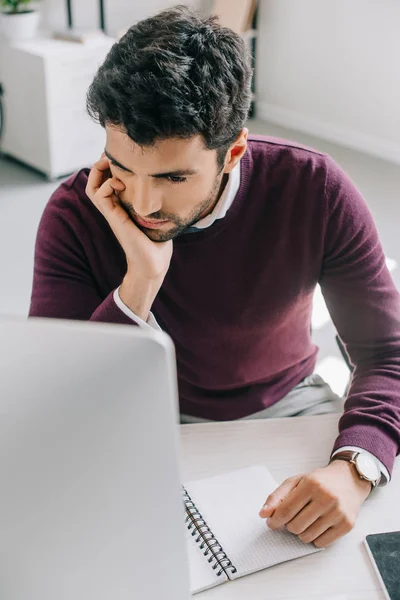 Handsome Pensive Designer Burgundy Sweater Using Computer Office — Stock Photo, Image