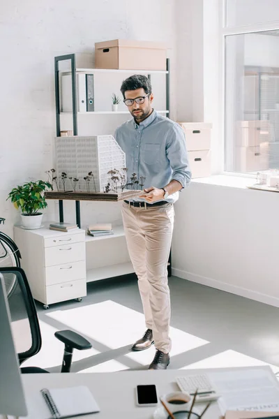 Handsome Architect Holding Architecture Model Modern Light Office — Stock Photo, Image