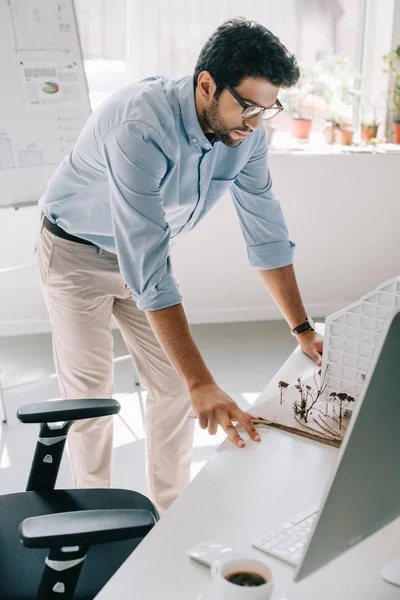 Handsome Architect Leaning Table Looking Architecture Model Office — Stock Photo, Image