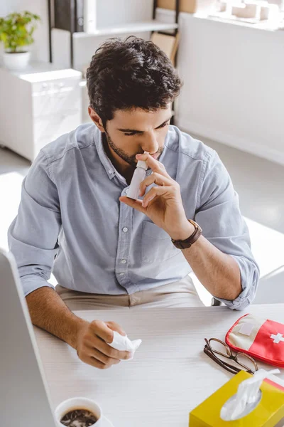 High Angle View Sick Manager Using Nasal Spray Office — Stock Photo, Image