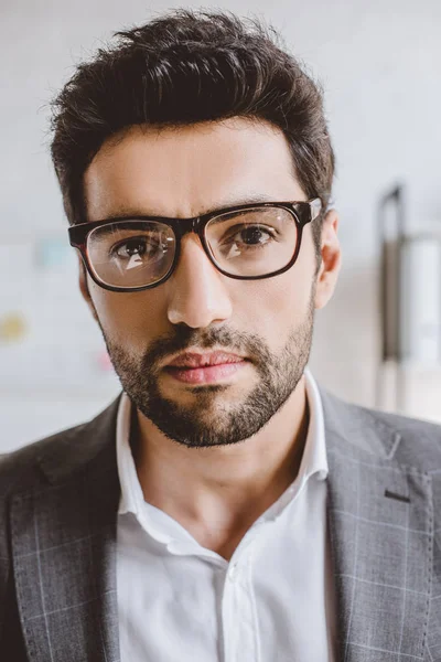 Portrait Handsome Businessman Bristle Glasses Looking Camera Office — Stock Photo, Image