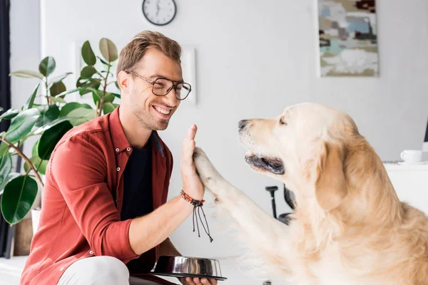 Zlatý Retrívr Pes Dává Pět Šťastný Muž Brýlích — Stock fotografie