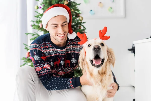 Muž Vánoční Svetr Santa Hat Hladil Zlatý Retrívr Jelení Rohy — Stock fotografie