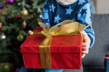 Çocuk kanepede oturan ve Noel hediyesi tutan pijama kısmi görmek