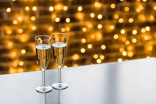 Close View Two Glasses Champagne Beautiful Christmas Background — Stock Photo, Image